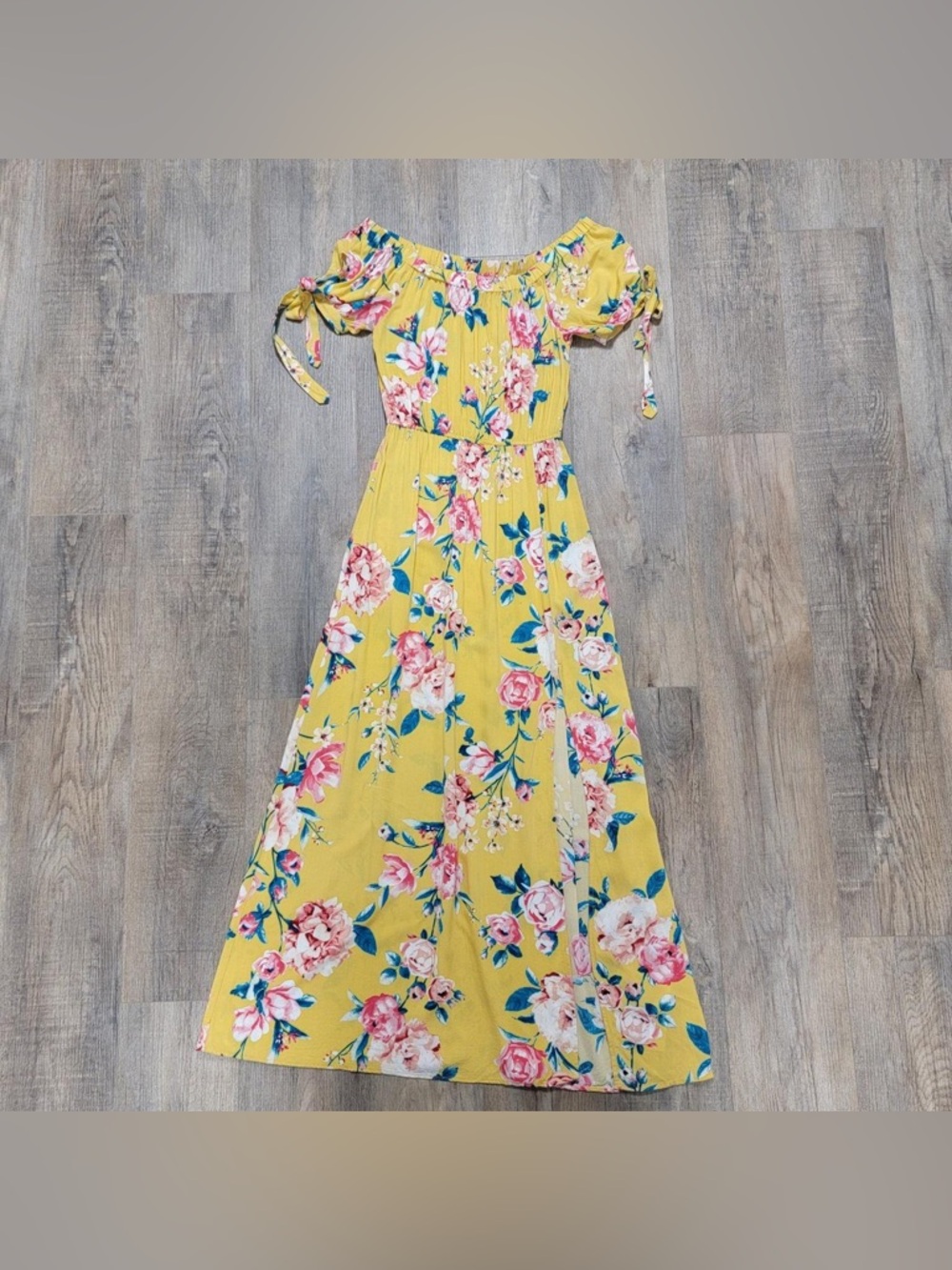 Band of Gypsies Yellow Floral Maxi Dress Off Shoulder - Picture 3 of 7